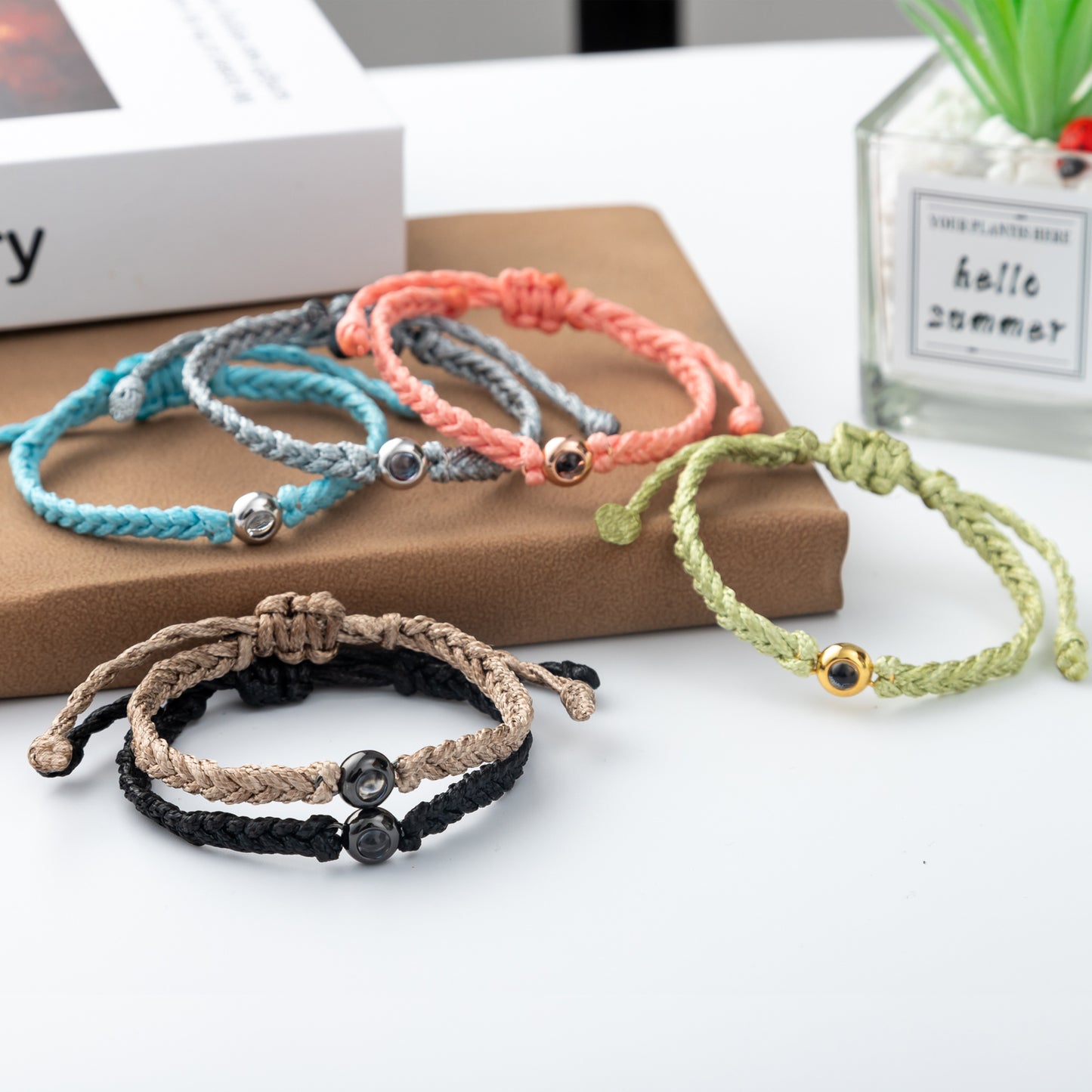 JSJOY Custom Photo Projection Charm Bracelet Personalized Delicate Minimalist Braided Rope Bracelet Anniversary Memorial Gift For Her Him