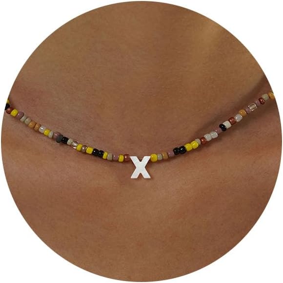 JSJOY Colorful Beaded Initial Necklaces for Women Girls Handmade Acrylic Letter Necklace Beaded Choker Bohemian Necklaces for Teenage Girls Boho Shell Necklace Christmas Gifts