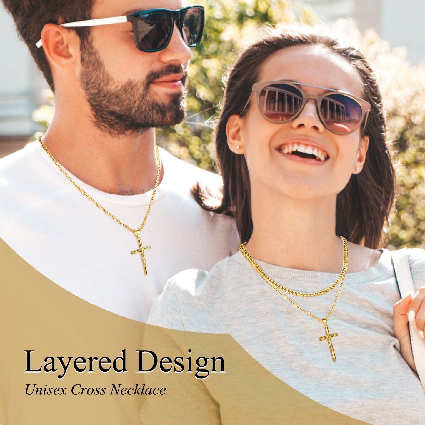 JSJOY Cross Necklace for Women Men Stainless Steel Mens Cross Necklaces Gold Silver Black Jesus Cross Necklace Layered Cuban Figaro Chain Necklace Jewelry Gifts for Women Men