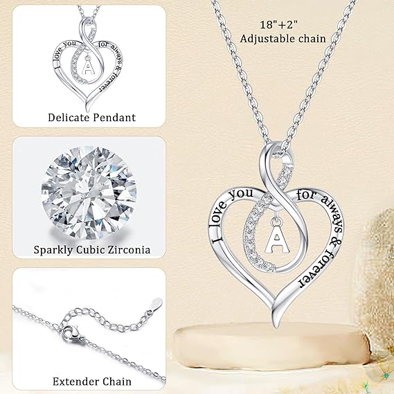 JSJOY Infinity Heart Necklace Gifts for Women Teen Girls I Love You Heart Pendant Initial Necklaces Anniversary Wedding Jewelry for My Baby Girlfriend