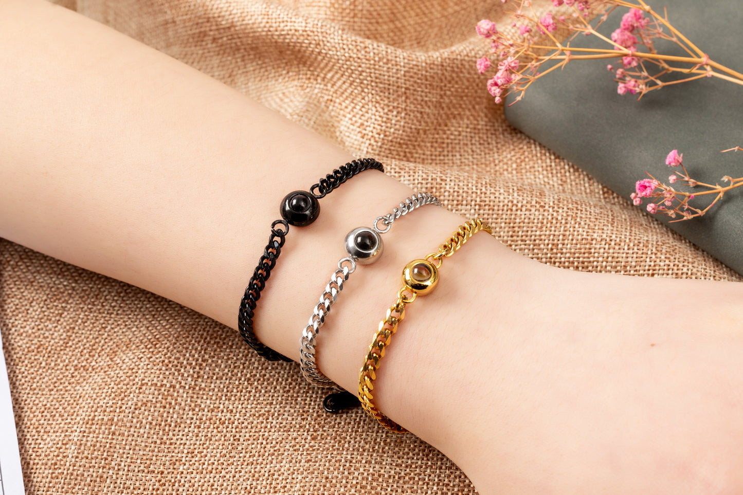 JSJOY Custom Projection Photo Charm Bracelet Personalized Wedding Anniversary Promise Gift for Him Her Memorial Picture Jewelry Couple Bracelets