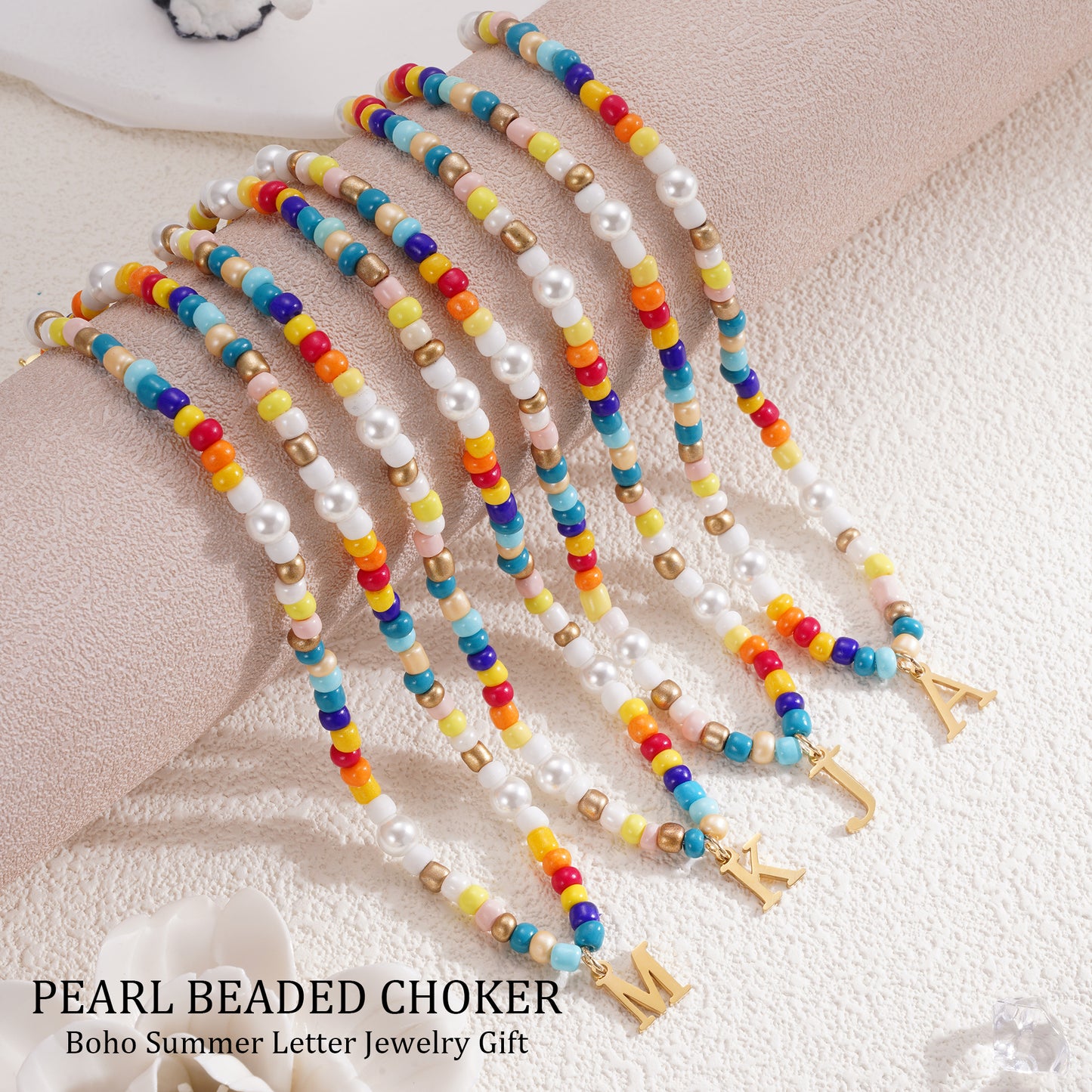JSJOY Colorful Beaded Initial Necklaces for Women Girls Summer Beaded Choker Beach Necklace Rainbow Beaded Necklace Gold Tiny Letter A-Z Pendant Handmade Coloful Necklace Jewelry Gifts