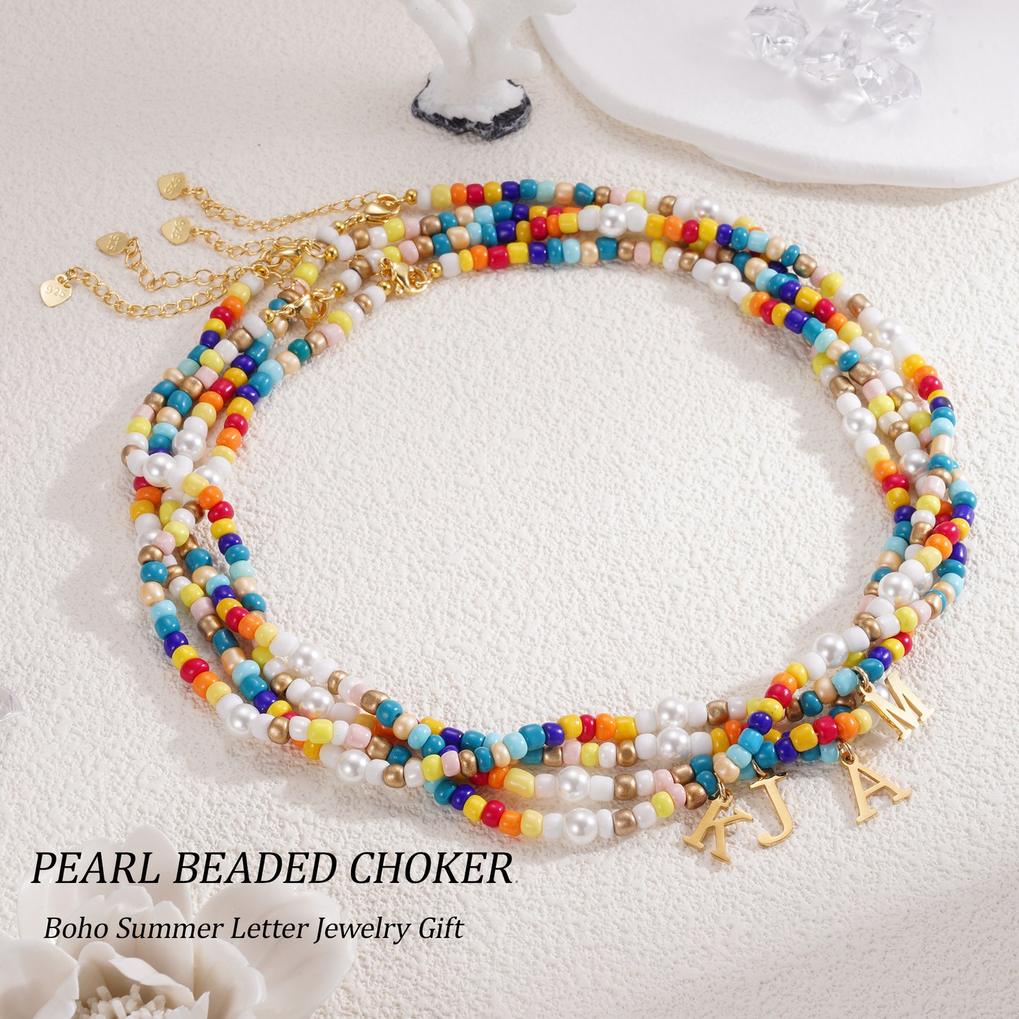JSJOY Colorful Beaded Initial Necklaces for Women Girls Summer Beaded Choker Beach Necklace Rainbow Beaded Necklace Gold Tiny Letter A-Z Pendant Handmade Coloful Necklace Jewelry Gifts