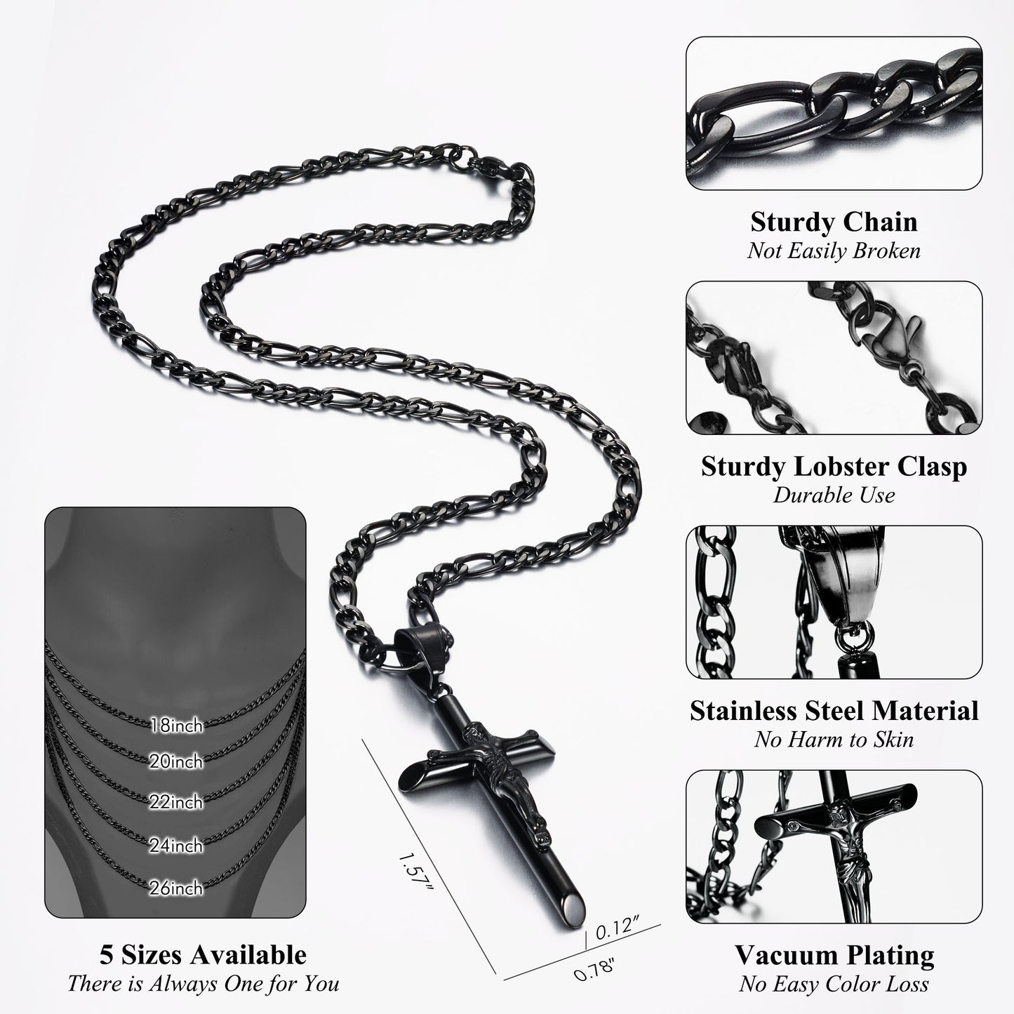 JSJOY Cross Necklace for Women Men Stainless Steel Mens Cross Necklaces Gold Silver Black Jesus Cross Necklace Layered Cuban Figaro Chain Necklace Jewelry Gifts for Women Men