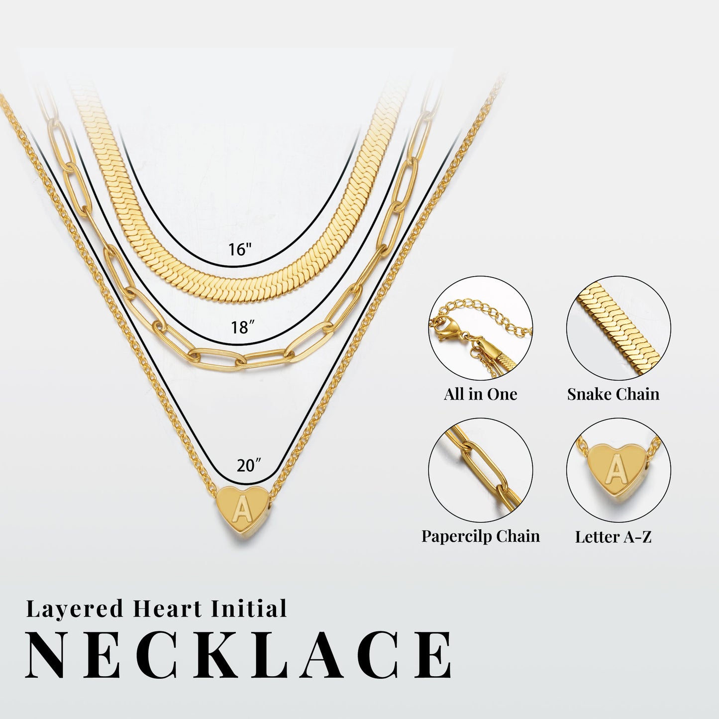 JSJOY Layered Initial Necklaces for Women, Gold Initial Heart Pendant Necklace Cute Letter A-Z Necklaces Tiny Initial Monogram Snake Choker Dainty Paperclip Chain Necklace for Girls