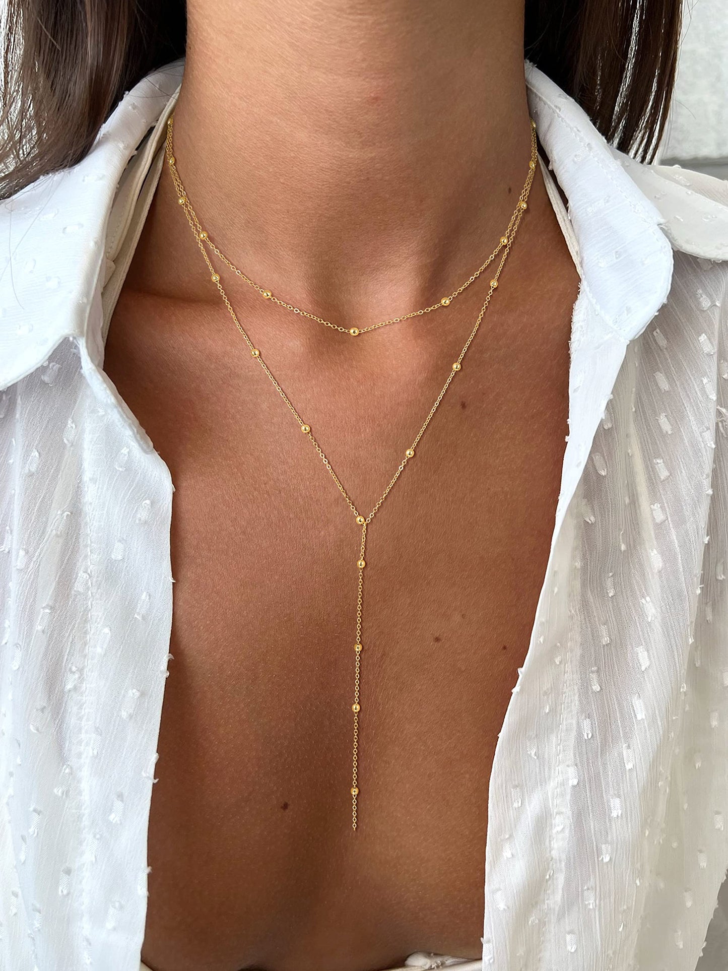 JSJOY Lariat Gold lariat Necklace for Women Chest Dainty Long Necklace 14k Gold Plated Y-Shaped Pendant Necklace Trendy Layered Cz Beaded Chain Drop Necklaces Simple Gold Jewelry For Women Girls Gift