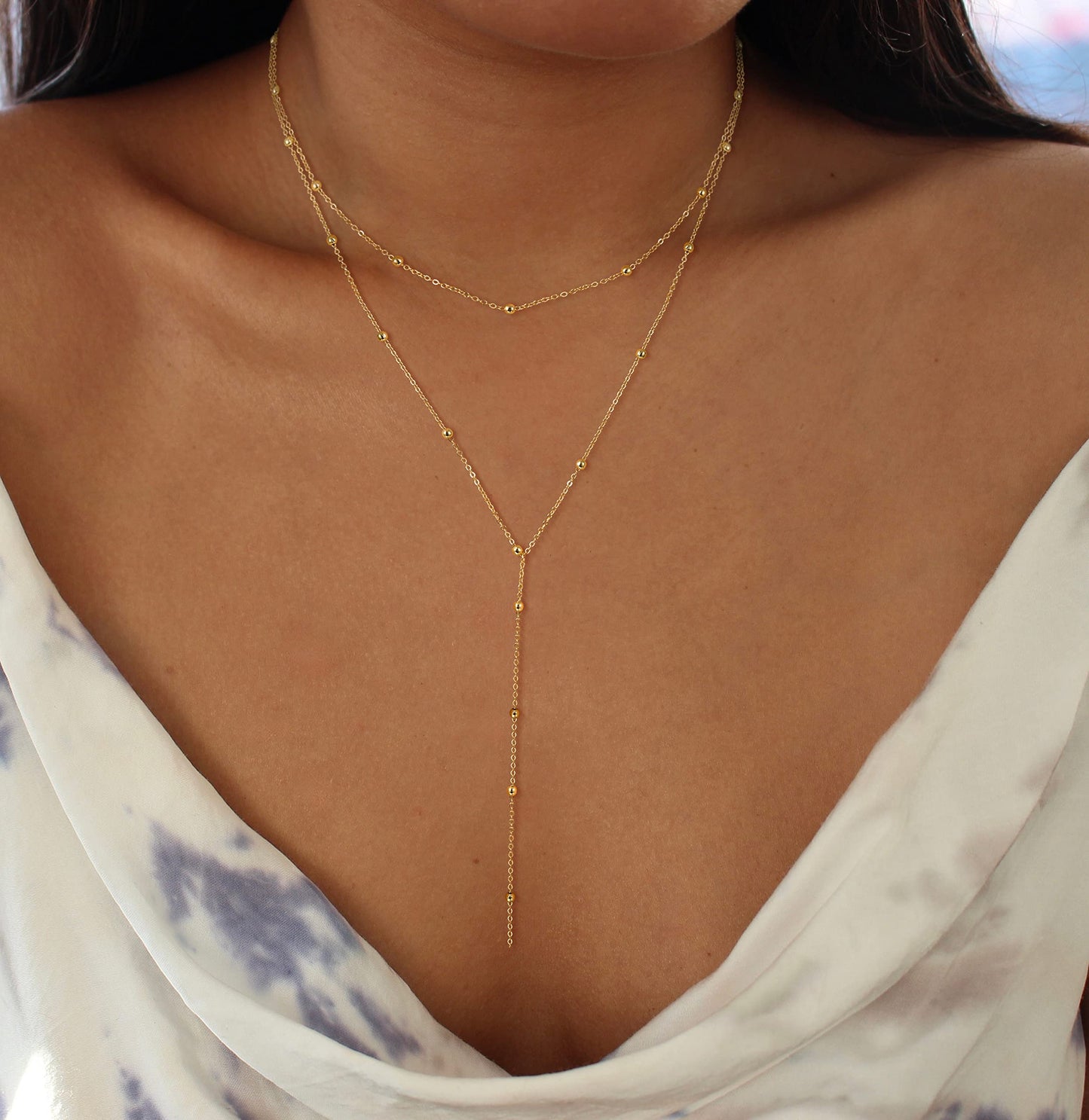 JSJOY Lariat Gold lariat Necklace for Women Chest Dainty Long Necklace 14k Gold Plated Y-Shaped Pendant Necklace Trendy Layered Cz Beaded Chain Drop Necklaces Simple Gold Jewelry For Women Girls Gift