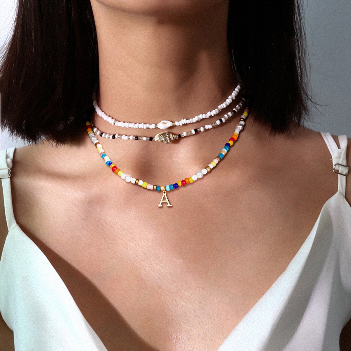 JSJOY Colorful Beaded Initial Necklaces for Women Girls Summer Beaded Choker Beach Necklace Rainbow Beaded Necklace Gold Tiny Letter A-Z Pendant Handmade Coloful Necklace Jewelry Gifts