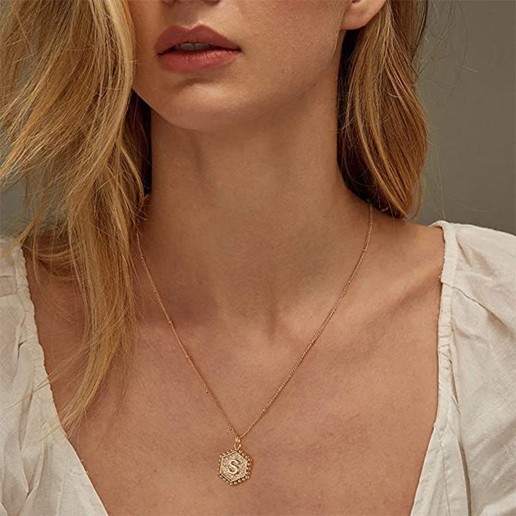 Gold layered Initial Necklace Women's 14K Gold Plated Bar Handmade Hexagonal Letter Pendant Bead Chain Necklace Women's Gold Jewelry Gift