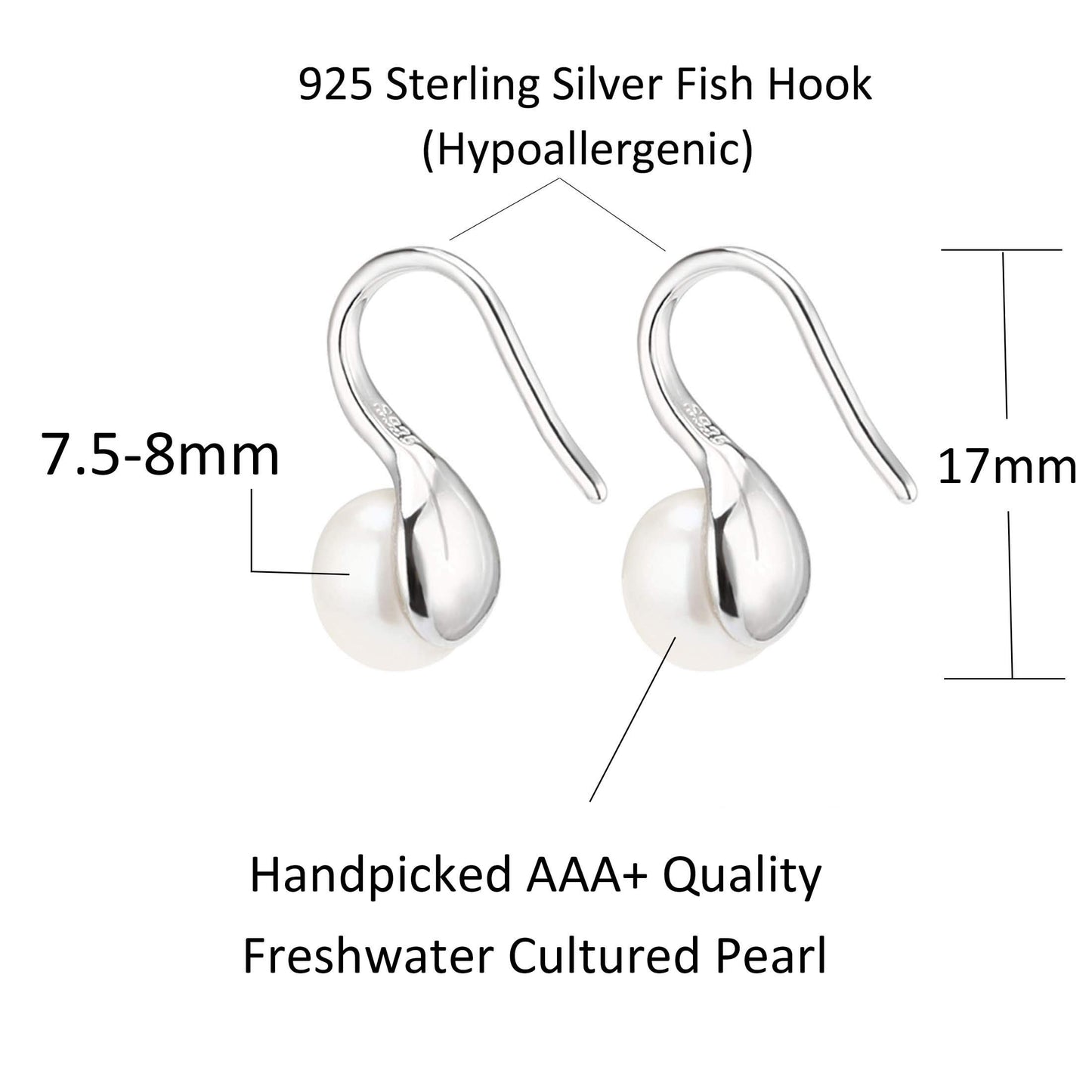 Pearl Earrings for Women 925 Sterling Silver Dangle Drop Pearl Earrings Jewelry 8mm Pearl Drop Earrings for Women Girls Gift