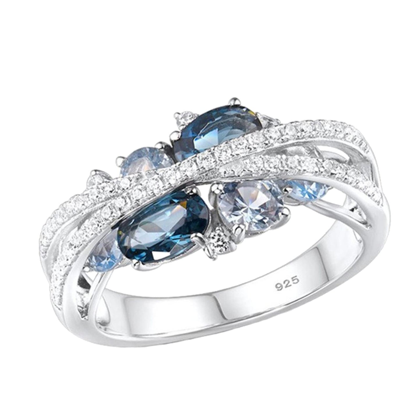 JSJOY Women Fashion Double X Ring with Hollow and Diamond Inlaid Women Ring Retro Creative New X Shaped Hollow Sea Blue Zircon Ring for Gift