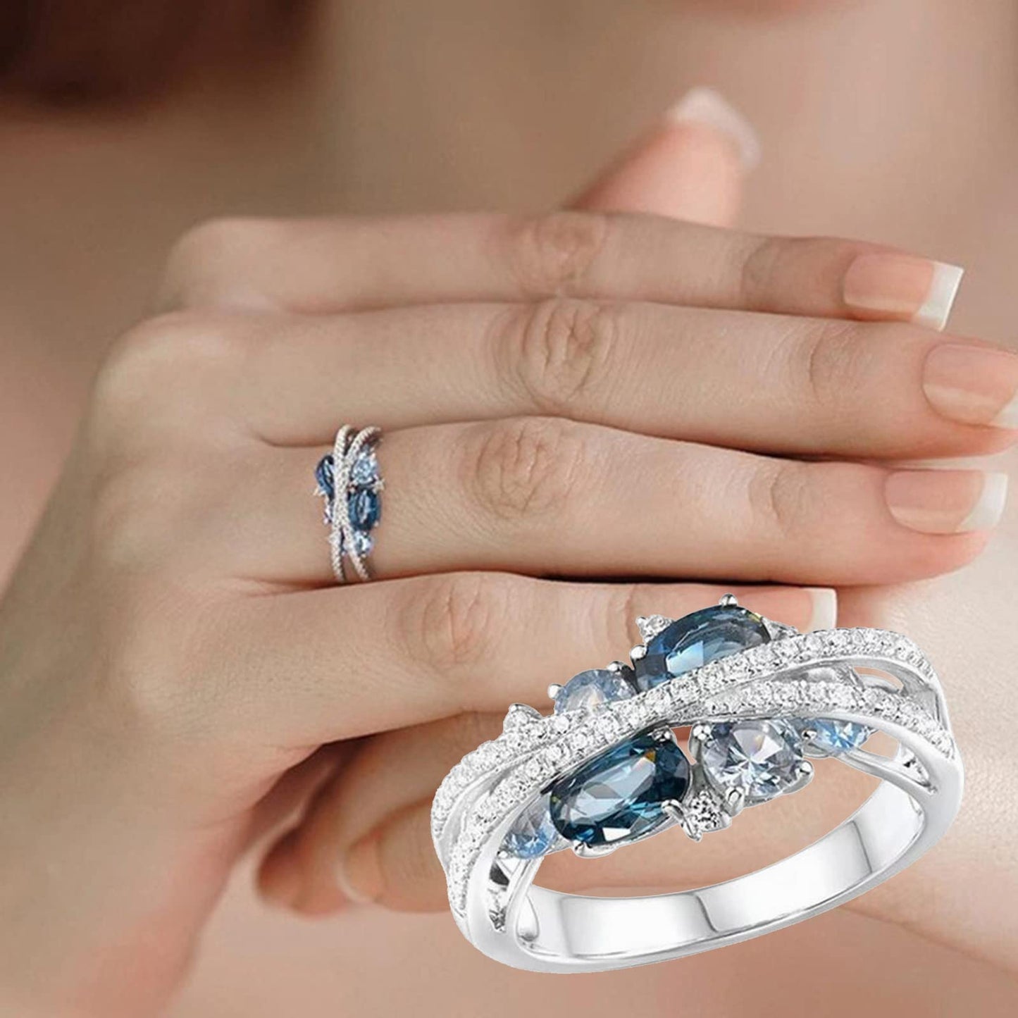 JSJOY Women Fashion Double X Ring with Hollow and Diamond Inlaid Women Ring Retro Creative New X Shaped Hollow Sea Blue Zircon Ring for Gift