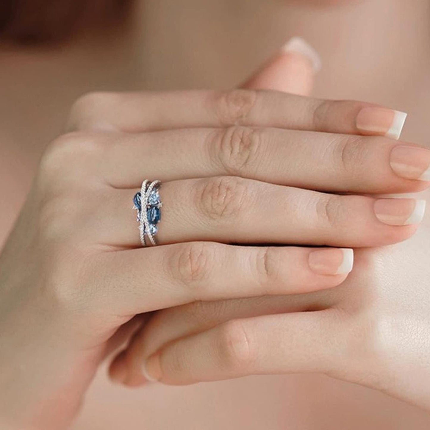 JSJOY Women Fashion Double X Ring with Hollow and Diamond Inlaid Women Ring Retro Creative New X Shaped Hollow Sea Blue Zircon Ring for Gift