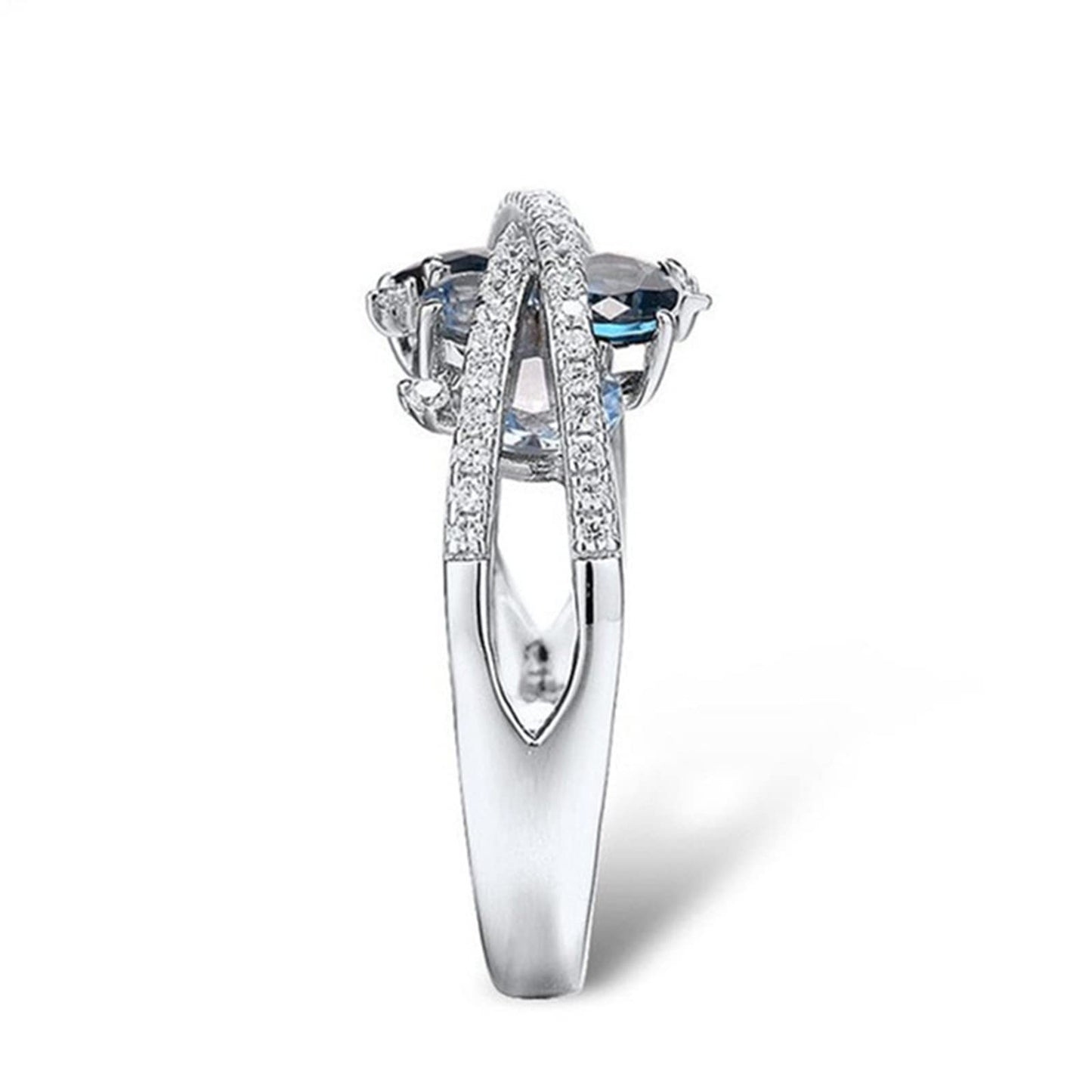 JSJOY Women Fashion Double X Ring with Hollow and Diamond Inlaid Women Ring Retro Creative New X Shaped Hollow Sea Blue Zircon Ring for Gift