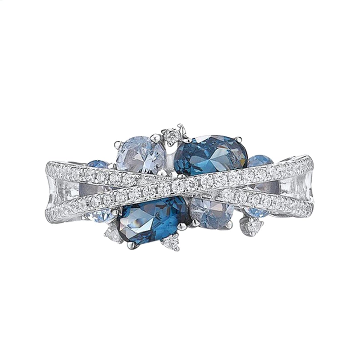JSJOY Women Fashion Double X Ring with Hollow and Diamond Inlaid Women Ring Retro Creative New X Shaped Hollow Sea Blue Zircon Ring for Gift