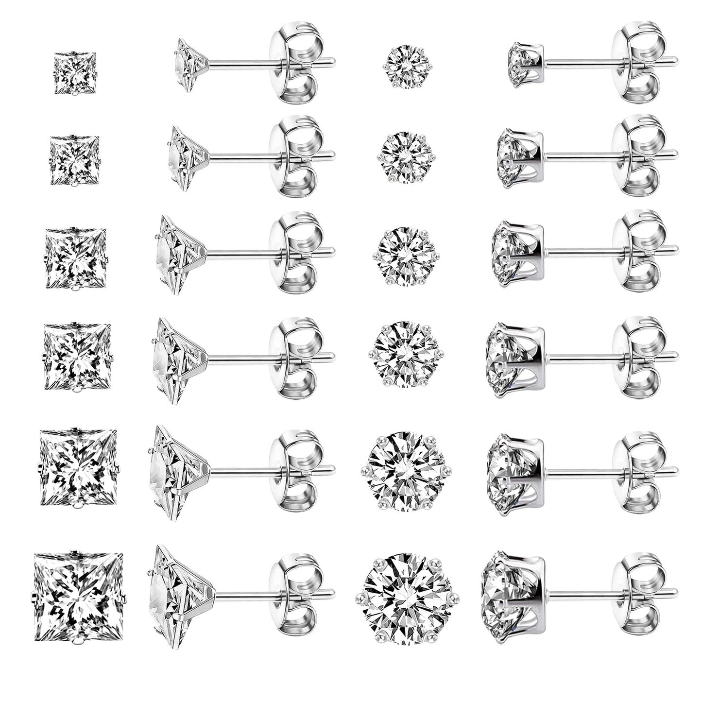 12 Pairs Stainless Steel Stud Earrings For Women Men Girls Hypoallergenic Silver Earrings Sets For Women Multipack Cubic Zirconia Earrings Studs (3-8 MM)Holiday gifts