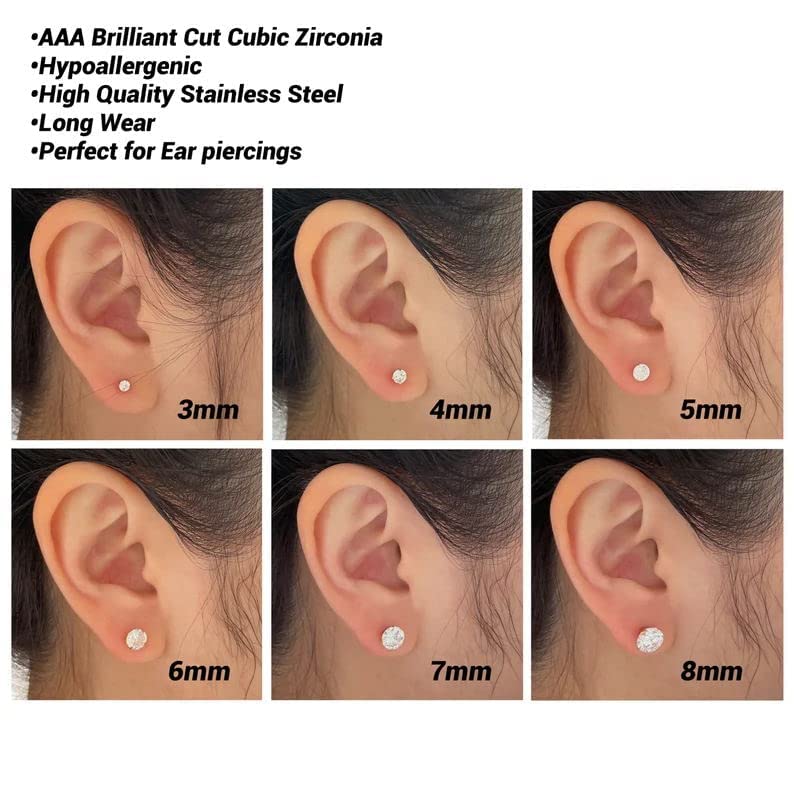 12 Pairs Stainless Steel Stud Earrings For Women Men Girls Hypoallergenic Silver Earrings Sets For Women Multipack Cubic Zirconia Earrings Studs (3-8 MM)Holiday gifts