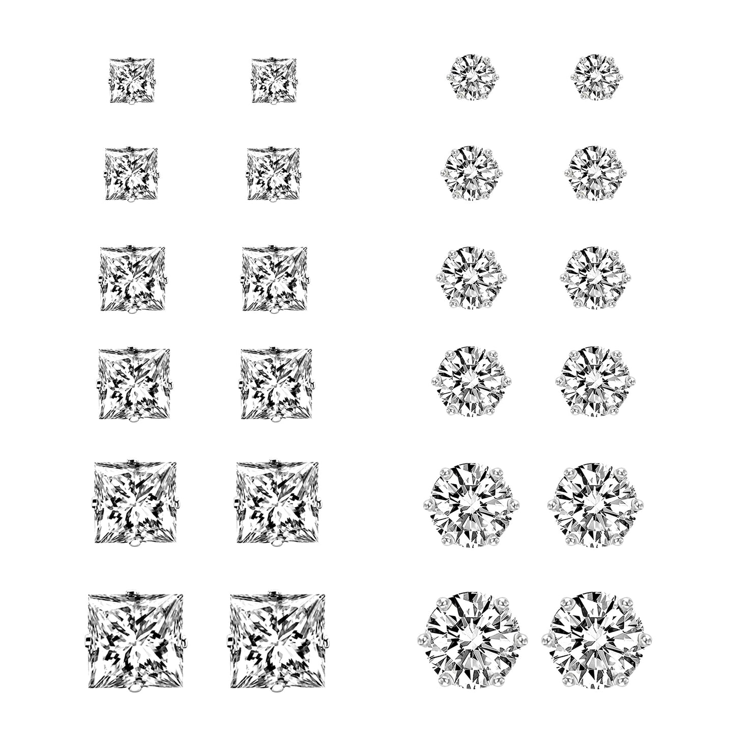 12 Pairs Stainless Steel Stud Earrings For Women Men Girls Hypoallergenic Silver Earrings Sets For Women Multipack Cubic Zirconia Earrings Studs (3-8 MM)Holiday gifts