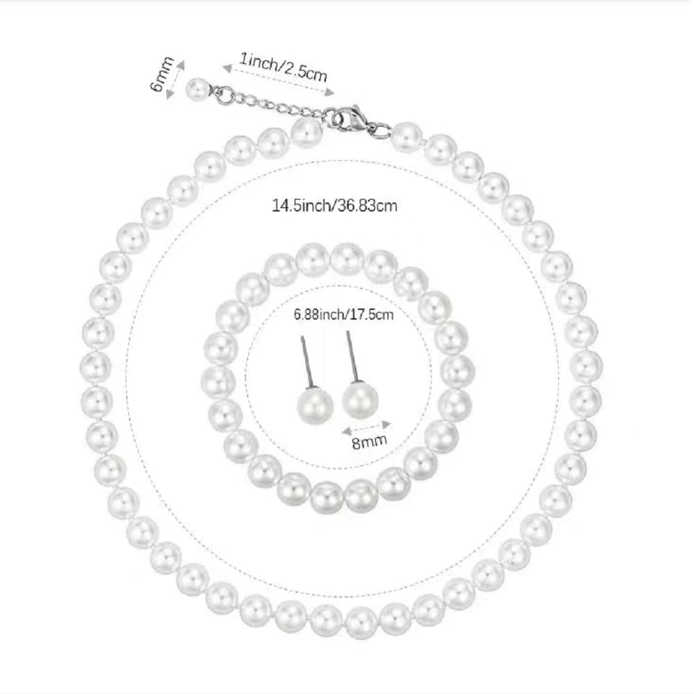 Pearl suit fashion White 8mm Faux Hand Knotted Glass Imitation Pearls Necklace Earring Jewelry 3 Set for Women and Girls