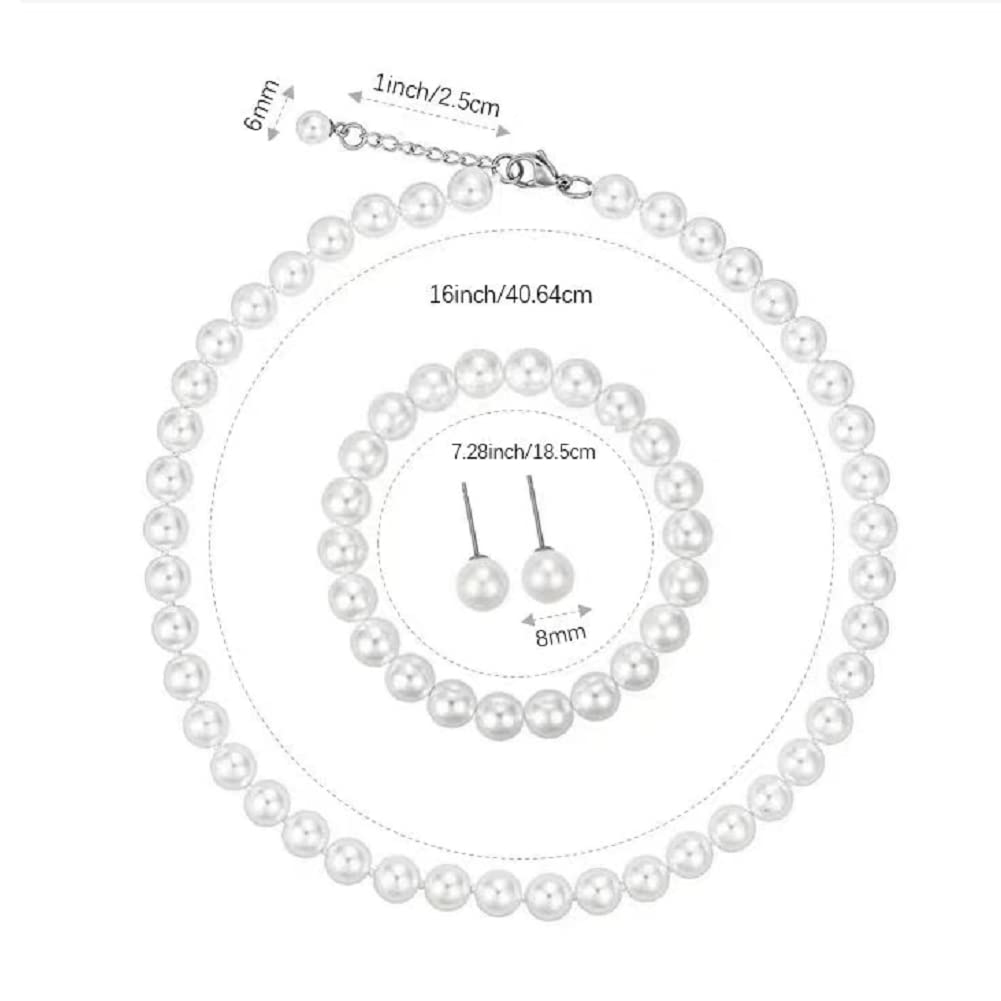 Pearl suit fashion White 8mm Faux Hand Knotted Glass Imitation Pearls Necklace Earring Jewelry 3 Set for Women and Girls