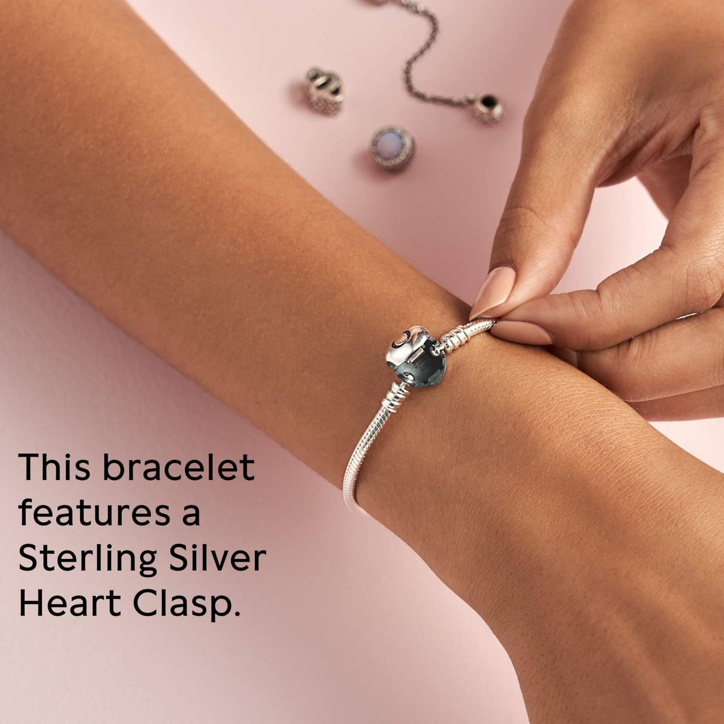 Round silver bracelet Heart Clasp Snake Chain Silver for Women 6.6/9 Inches