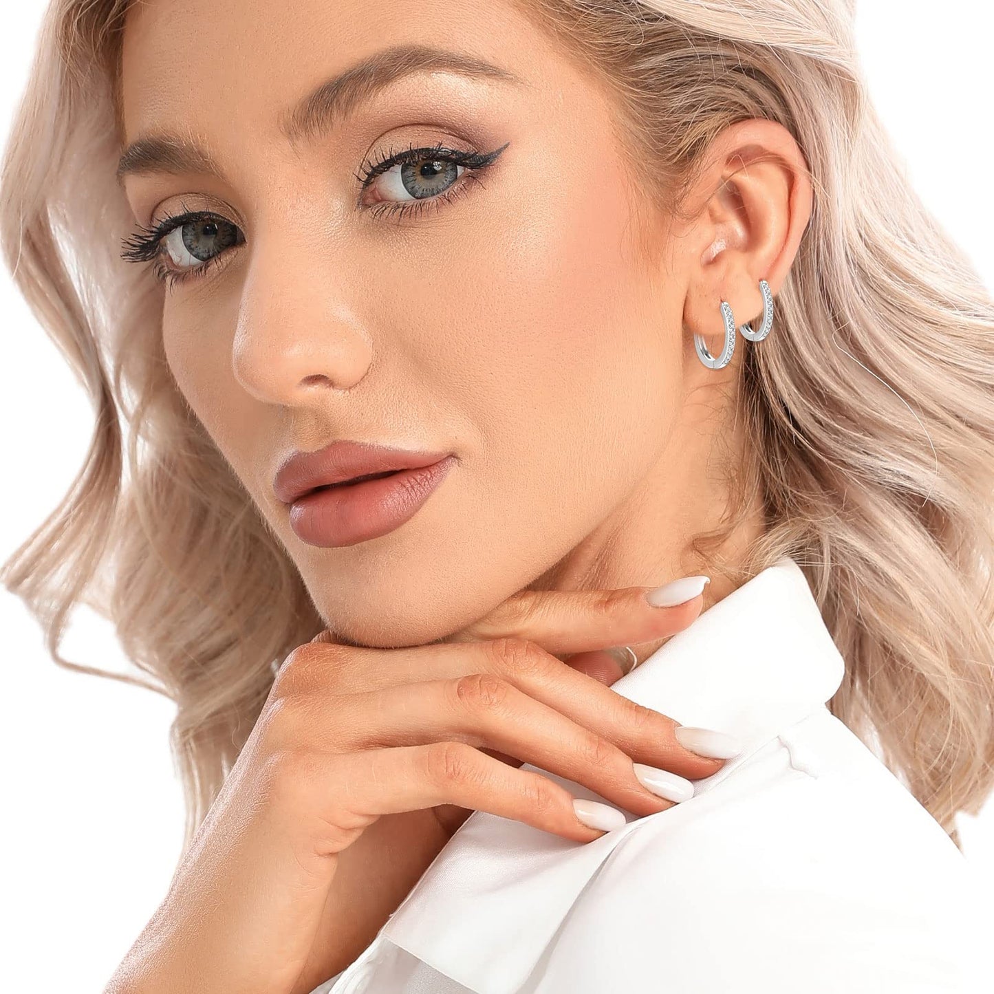 Sterling Silver Hoop Earrings for Women 14K White Gold Plated Small Silver Hoop Cubic Zirconia Silver hoop Huggie Hoop Ear Piercing Earrings 3 pairs for men girls 8mm 10mm 12mm gift