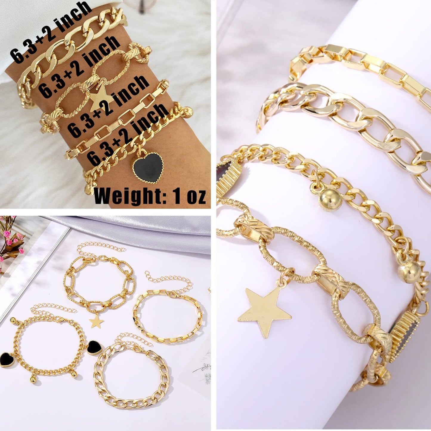 JSJOY 6 PACK (24 PCS) Boho Gold Chain Bracelets Set for Women Girls 14K Gold Plated Multiple Layered Stackable Open Cuff Wrap Bangle Adjustable Link Italian Cuban Jewelry Gift