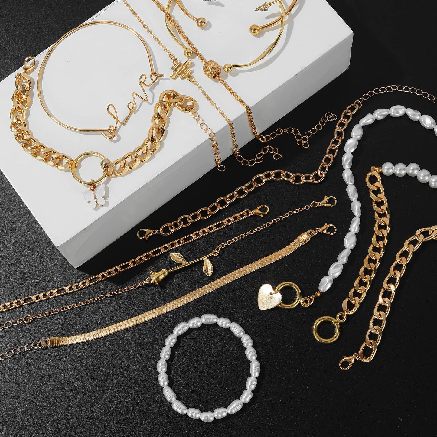 JSJOY 6 PACK (24 PCS) Boho Gold Chain Bracelets Set for Women Girls 14K Gold Plated Multiple Layered Stackable Open Cuff Wrap Bangle Adjustable Link Italian Cuban Jewelry Gift