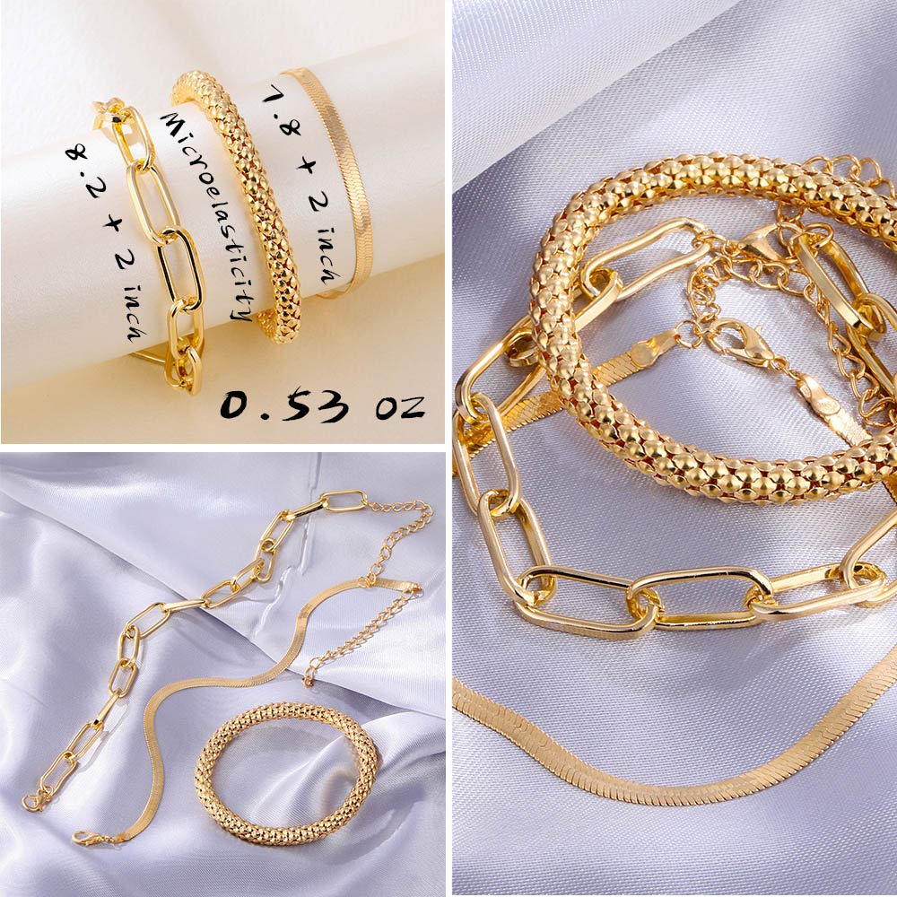 JSJOY 6 PACK (24 PCS) Boho Gold Chain Bracelets Set for Women Girls 14K Gold Plated Multiple Layered Stackable Open Cuff Wrap Bangle Adjustable Link Italian Cuban Jewelry Gift