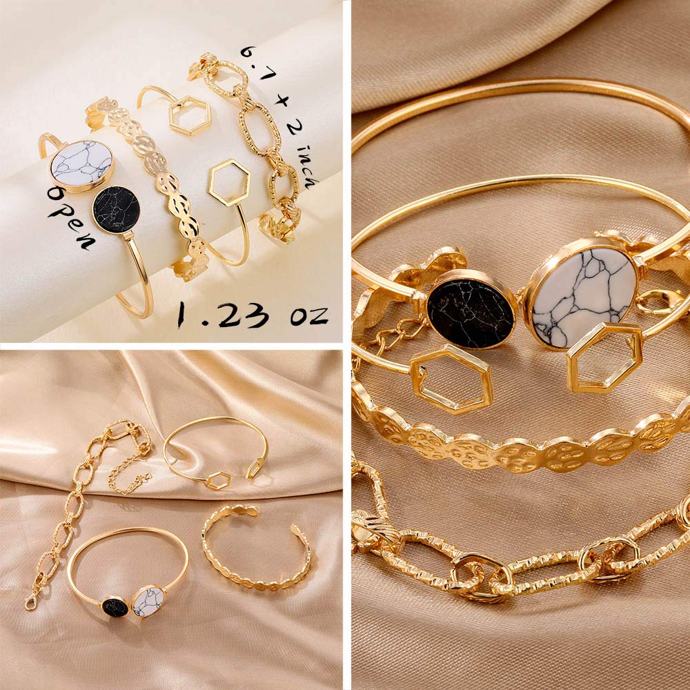 JSJOY 6 PACK (24 PCS) Boho Gold Chain Bracelets Set for Women Girls 14K Gold Plated Multiple Layered Stackable Open Cuff Wrap Bangle Adjustable Link Italian Cuban Jewelry Gift