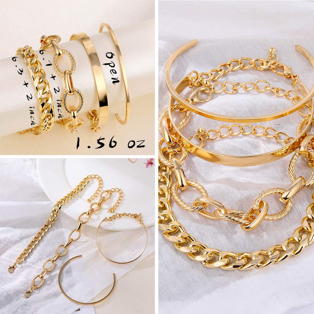 JSJOY 6 PACK (24 PCS) Boho Gold Chain Bracelets Set for Women Girls 14K Gold Plated Multiple Layered Stackable Open Cuff Wrap Bangle Adjustable Link Italian Cuban Jewelry Gift