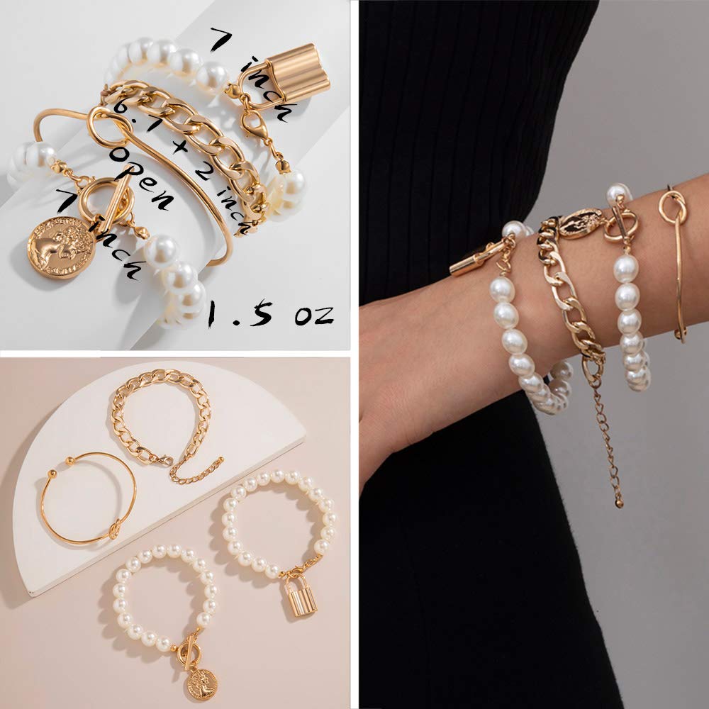 JSJOY 6 PACK (24 PCS) Boho Gold Chain Bracelets Set for Women Girls 14K Gold Plated Multiple Layered Stackable Open Cuff Wrap Bangle Adjustable Link Italian Cuban Jewelry Gift