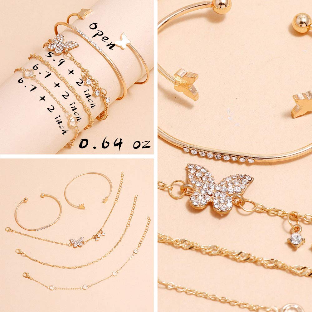 JSJOY 6 PACK (24 PCS) Boho Gold Chain Bracelets Set for Women Girls 14K Gold Plated Multiple Layered Stackable Open Cuff Wrap Bangle Adjustable Link Italian Cuban Jewelry Gift