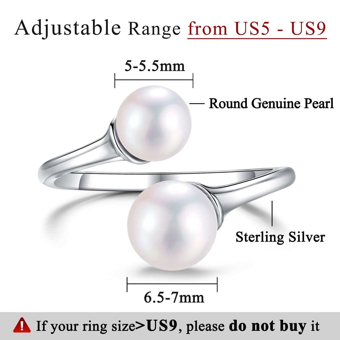 Pearl Ring Sterling Silver Rings for Women 925 Adjustable with Cubic Zirconia Open June Birthstone Rings for Teen Girls with Real Round Genuine Freshwater Cultured Stackable