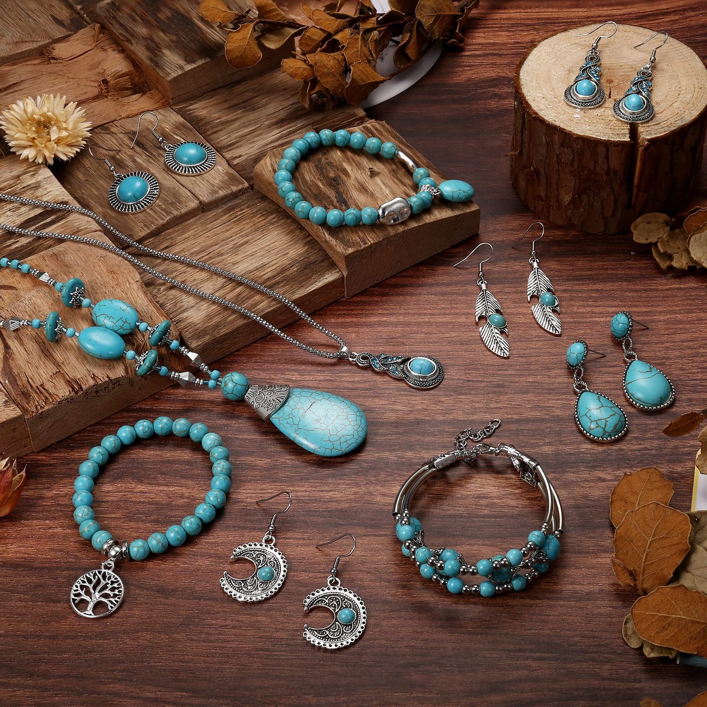 Bohemian Turquoise Jewelry Pendant Set Women Western Necklace Layered Wrap Bangle Bracelet Vintage Dangle Earrings Boho Jewelry for Women gift