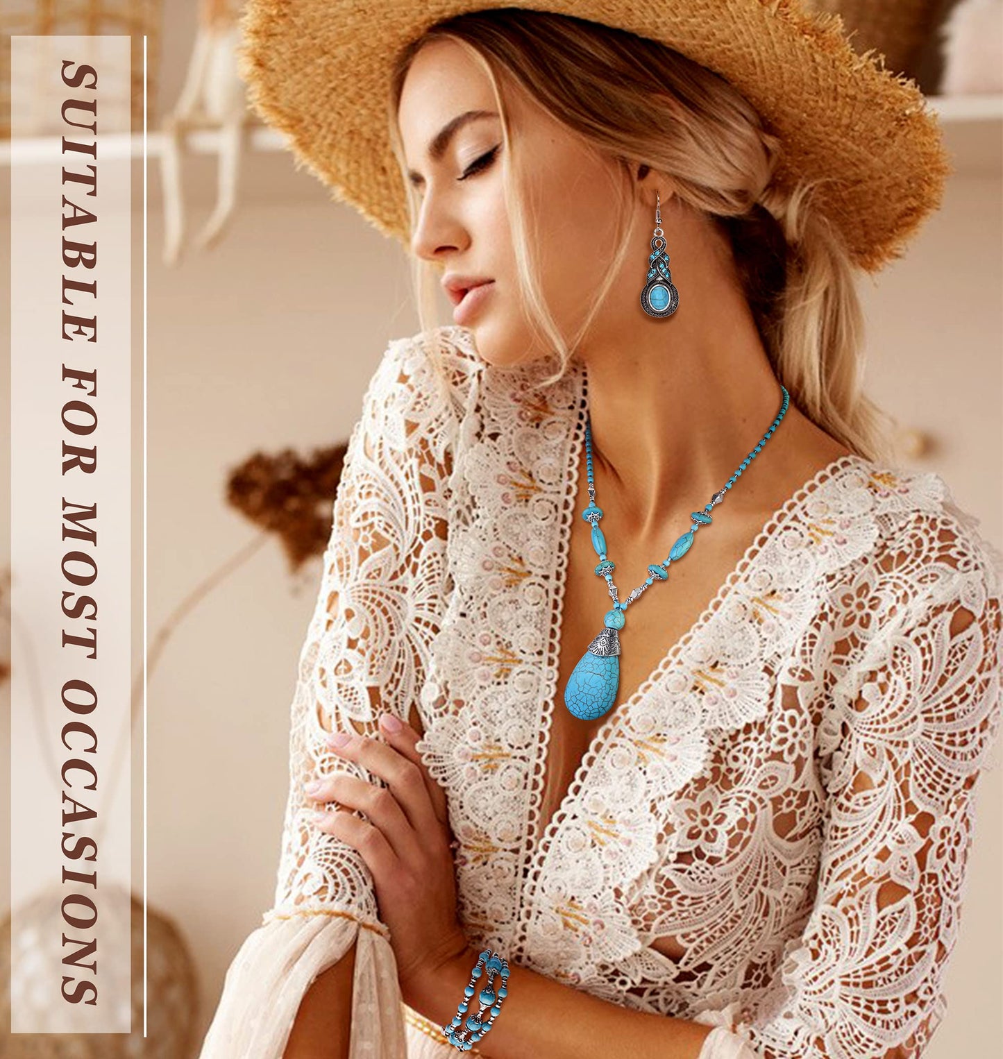 Bohemian Turquoise Jewelry Pendant Set Women Western Necklace Layered Wrap Bangle Bracelet Vintage Dangle Earrings Boho Jewelry for Women gift