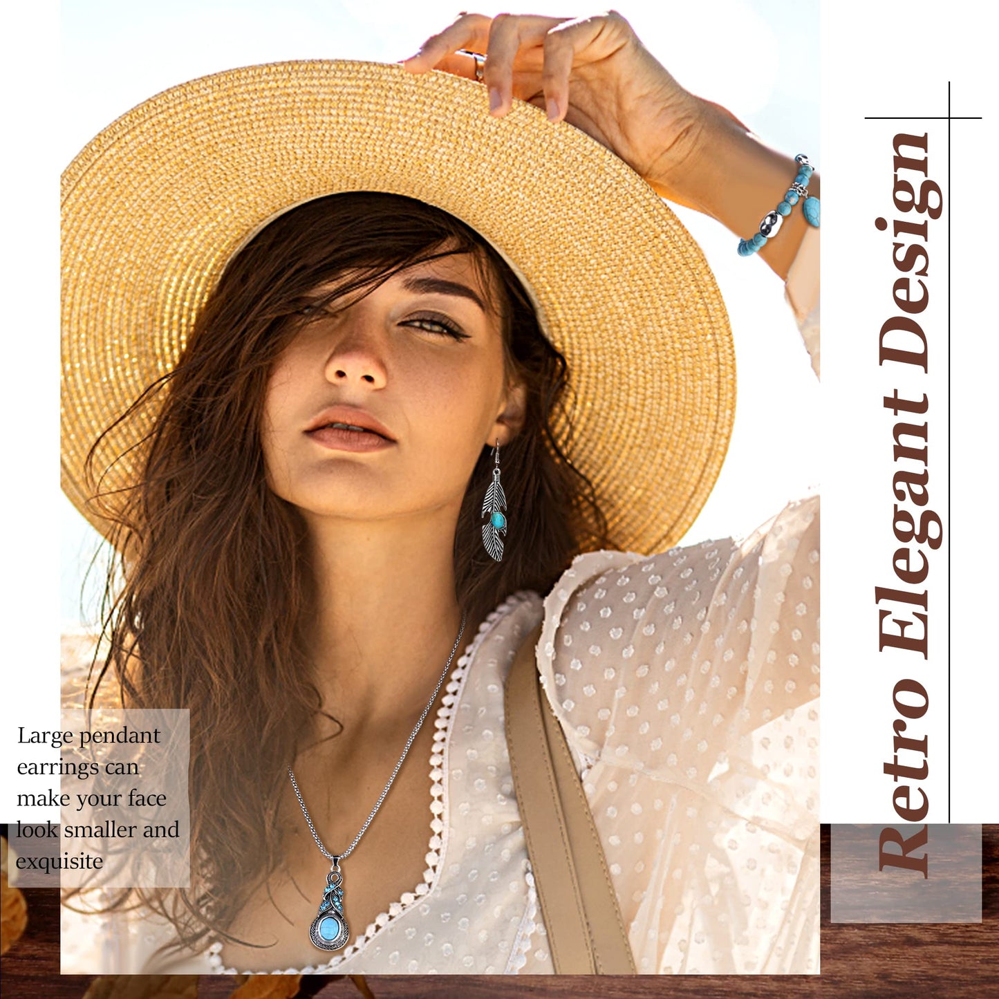 Bohemian Turquoise Jewelry Pendant Set Women Western Necklace Layered Wrap Bangle Bracelet Vintage Dangle Earrings Boho Jewelry for Women gift