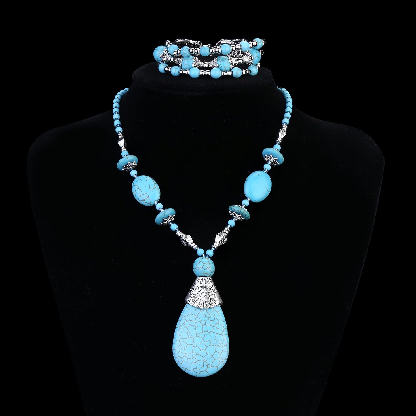 Bohemian Turquoise Jewelry Pendant Set Women Western Necklace Layered Wrap Bangle Bracelet Vintage Dangle Earrings Boho Jewelry for Women gift