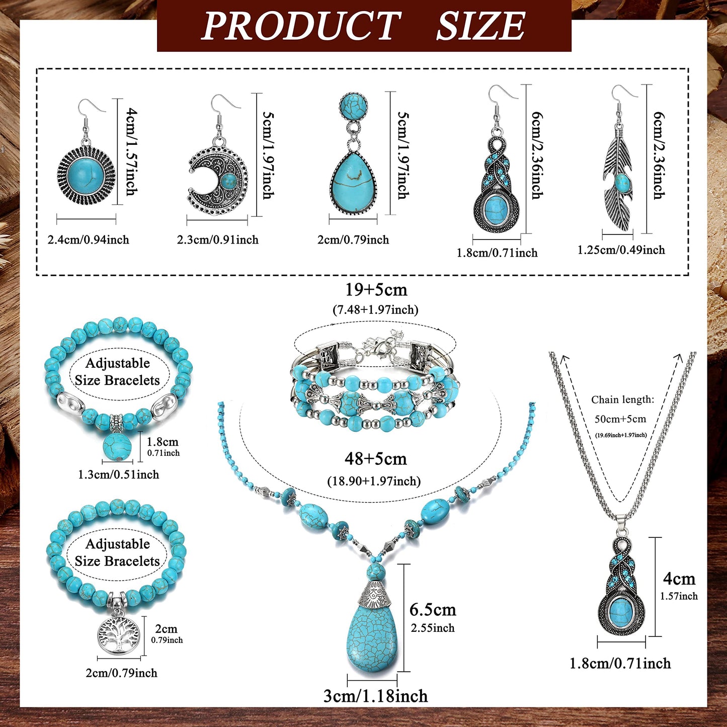 Bohemian Turquoise Jewelry Pendant Set Women Western Necklace Layered Wrap Bangle Bracelet Vintage Dangle Earrings Boho Jewelry for Women gift
