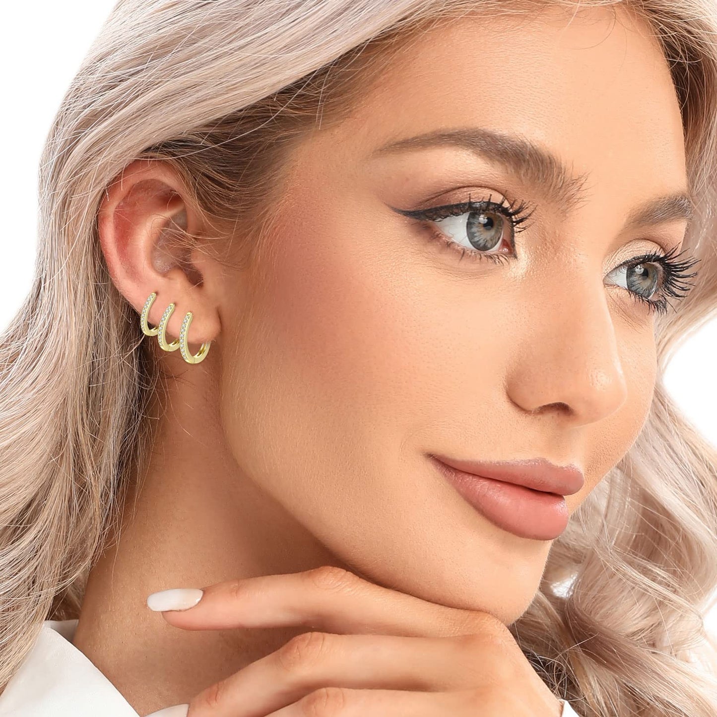 Sterling Silver Hoop Earrings for Women 14K White Gold Plated Small Silver Hoop Cubic Zirconia Silver hoop Huggie Hoop Ear Piercing Earrings 3 pairs for men girls 8mm 10mm 12mm gift