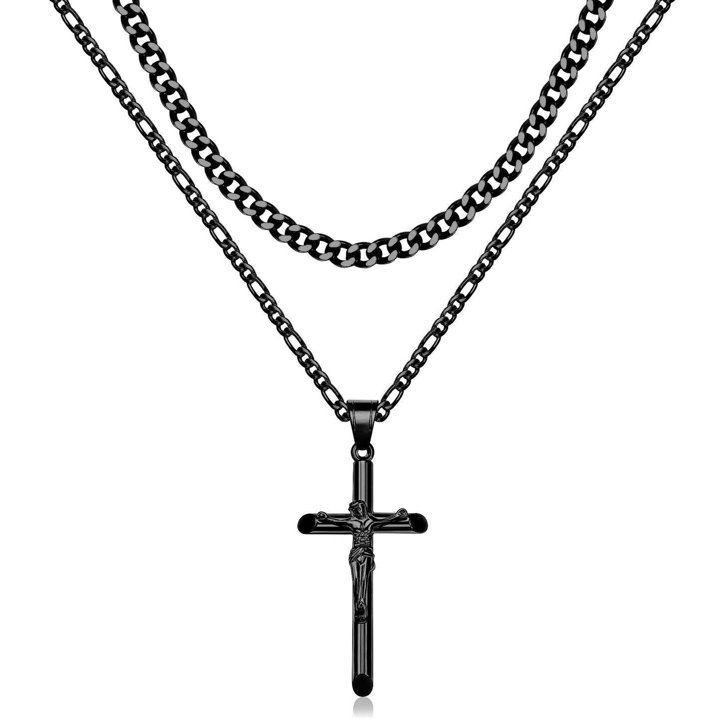 JSJOY Cross Necklace for Women Men Stainless Steel Mens Cross Necklaces Gold Silver Black Jesus Cross Necklace Layered Cuban Figaro Chain Necklace Jewelry Gifts for Women Men