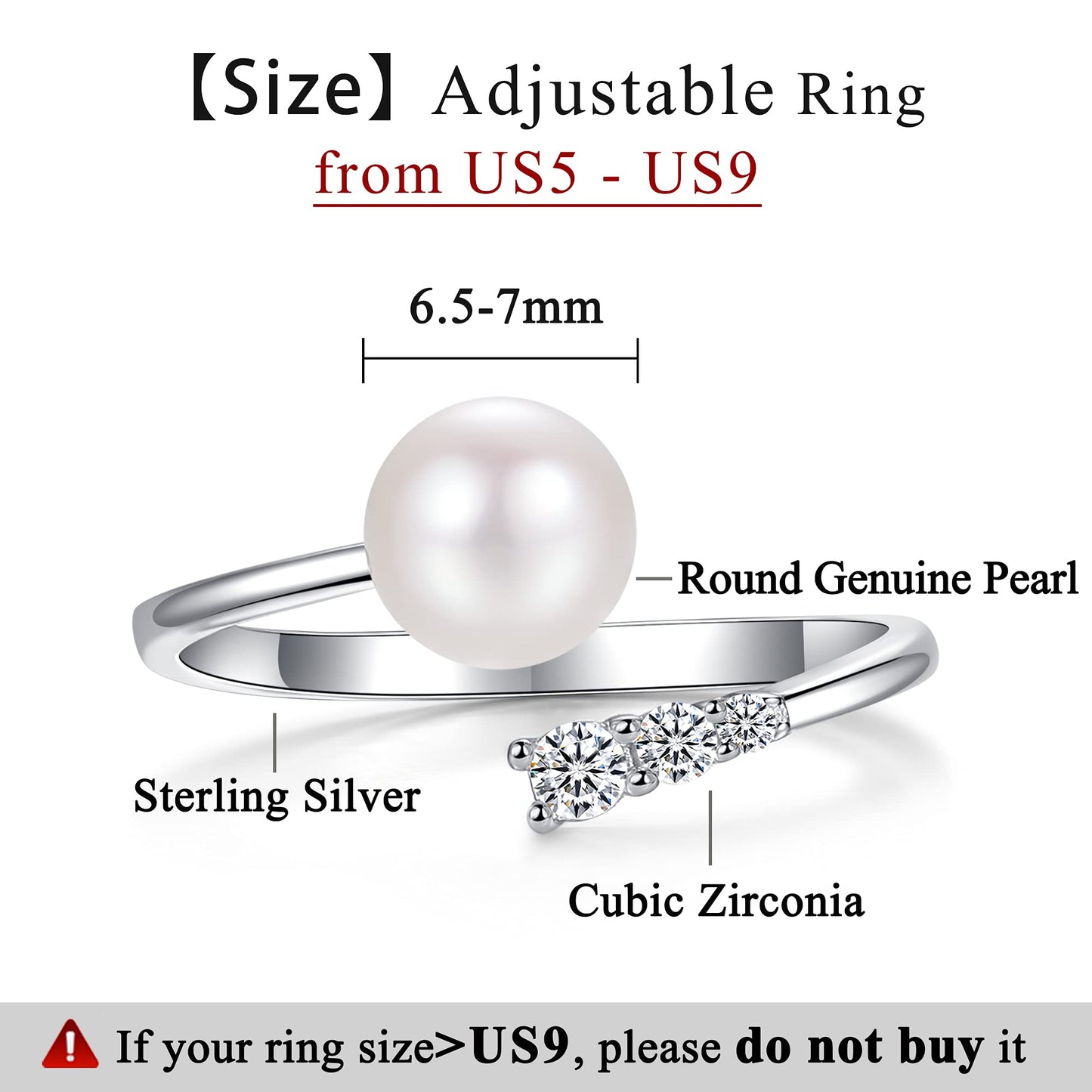 Pearl Ring Sterling Silver Rings for Women 925 Adjustable with Cubic Zirconia Open June Birthstone Rings for Teen Girls with Real Round Genuine Freshwater Cultured Stackable