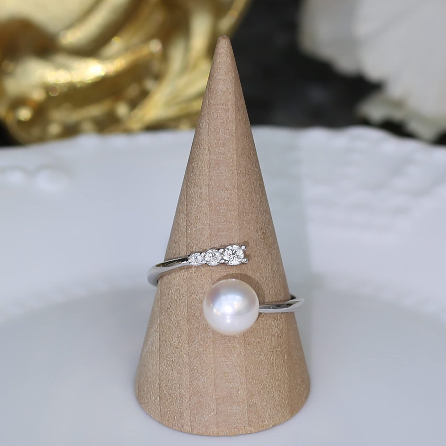 Pearl Ring Sterling Silver Rings for Women 925 Adjustable with Cubic Zirconia Open June Birthstone Rings for Teen Girls with Real Round Genuine Freshwater Cultured Stackable