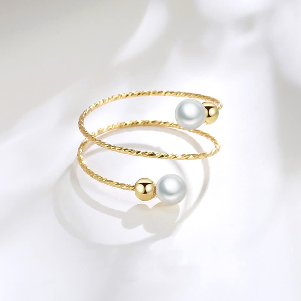 Ring 925 Sterling Silver 14K Gold Plated Pearl Adjustable Open Stacking Statement Wedding Finger Rings for Women Girls Fashion Layered Comfort Fit Valentine Jewelry Gift for Girlfriend Wife Gift