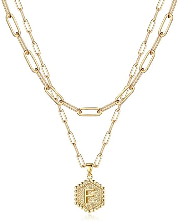 JSJOY 14K Gold Plated Paperclip Chain Necklace Simple Hexagon Letter Pendant Initial Choker Necklace Gold Layered Necklaces for Women Mother's Day Layered Initial Necklaces Gift for Mom