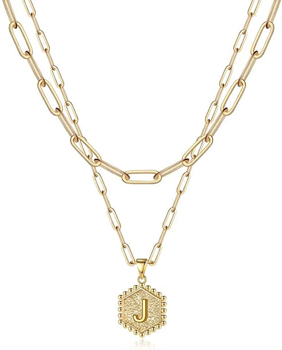 JSJOY 14K Gold Plated Paperclip Chain Necklace Simple Hexagon Letter Pendant Initial Choker Necklace Gold Layered Necklaces for Women Mother's Day Layered Initial Necklaces Gift for Mom
