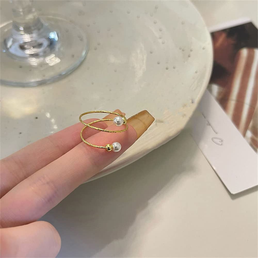Ring 925 Sterling Silver 14K Gold Plated Pearl Adjustable Open Stacking Statement Wedding Finger Rings for Women Girls Fashion Layered Comfort Fit Valentine Jewelry Gift for Girlfriend Wife Gift