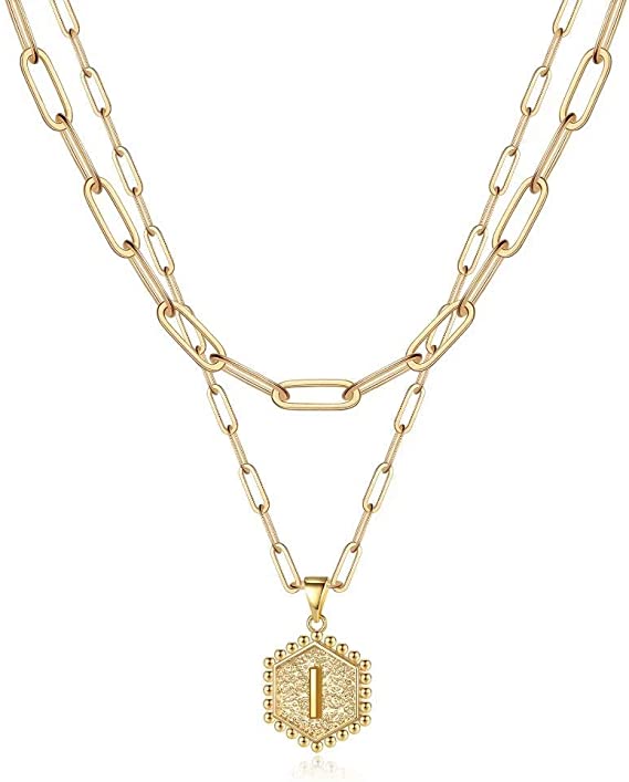 JSJOY 14K Gold Plated Paperclip Chain Necklace Simple Hexagon Letter Pendant Initial Choker Necklace Gold Layered Necklaces for Women Mother's Day Layered Initial Necklaces Gift for Mom