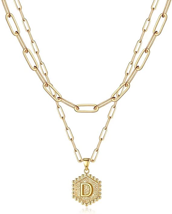 JSJOY 14K Gold Plated Paperclip Chain Necklace Simple Hexagon Letter Pendant Initial Choker Necklace Gold Layered Necklaces for Women Mother's Day Layered Initial Necklaces Gift for Mom