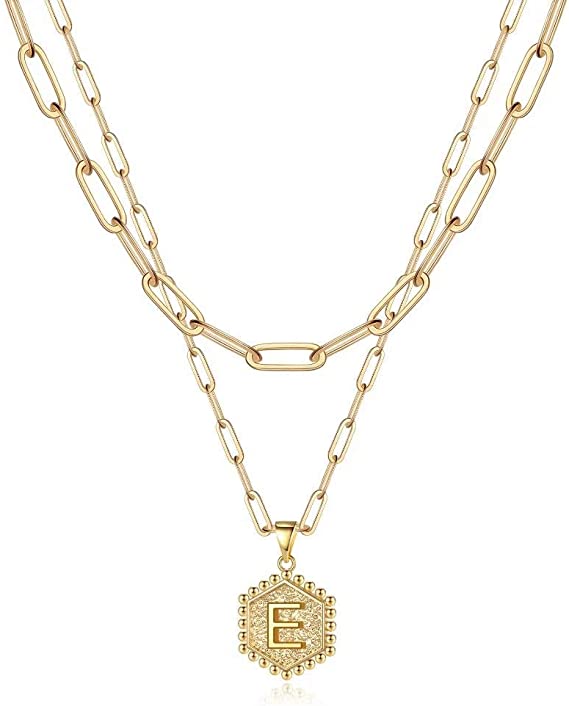 JSJOY 14K Gold Plated Paperclip Chain Necklace Simple Hexagon Letter Pendant Initial Choker Necklace Gold Layered Necklaces for Women Mother's Day Layered Initial Necklaces Gift for Mom